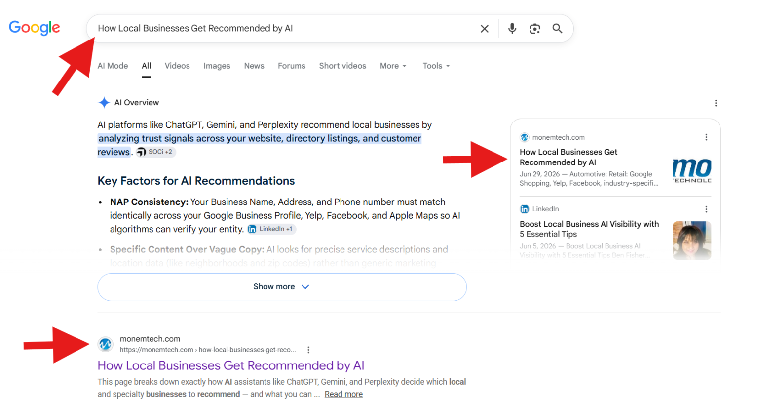Google search results for 'How Local Businesses Get Recommended by AI' showing monemtech.com cited in the AI Overview panel and ranked first in organic results