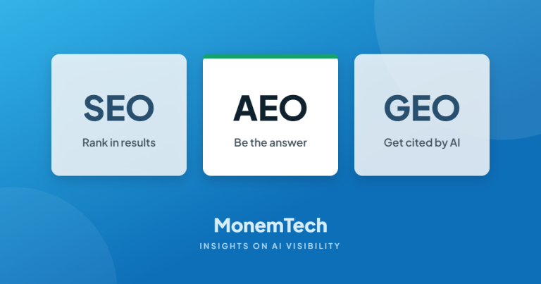MonemTech graphic comparing SEO (rank in results), AEO (be the answer) and GEO (get cited by AI)